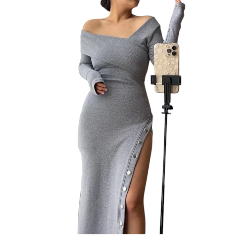 VESTIDO ASIMETRICO MANGA LARGA CON BROCHES RIB GRUESO COL-26 COLOR GRIS - 1