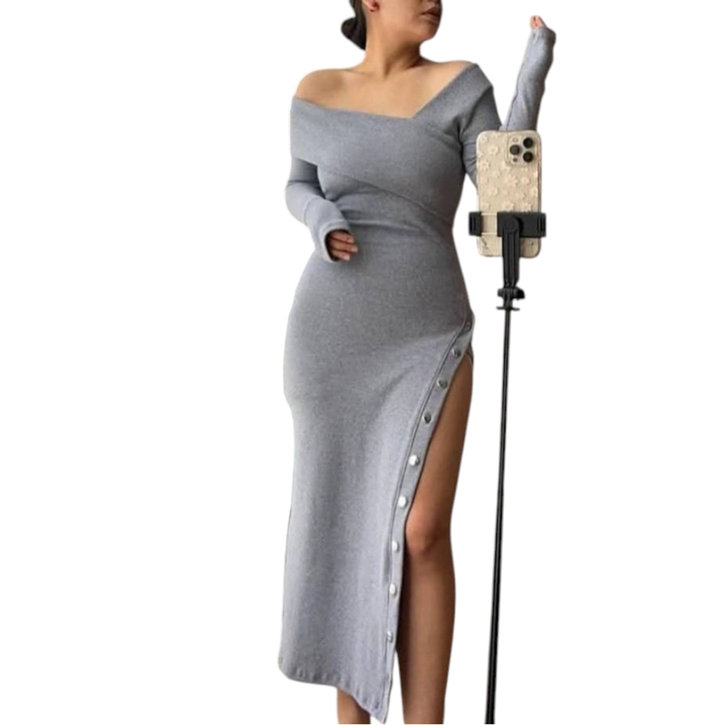 VESTIDO ASIMETRICO MANGA LARGA CON BROCHES RIB GRUESO COL-26 COLOR GRIS - 2