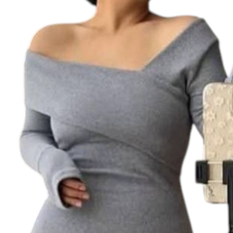 VESTIDO ASIMETRICO MANGA LARGA CON BROCHES RIB GRUESO COL-26 COLOR GRIS - 4