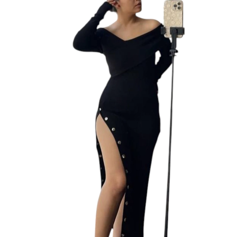 VESTIDO ASIMETRICO MANGA LARGA CON BROCHES RIB GRUESO COL-26 COLOR NEGRO - 1