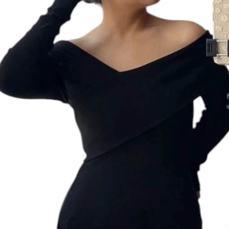 VESTIDO ASIMETRICO MANGA LARGA CON BROCHES RIB GRUESO COL-26 COLOR NEGRO - 2