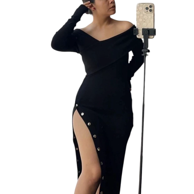 VESTIDO ASIMETRICO MANGA LARGA CON BROCHES RIB GRUESO COL-26 COLOR NEGRO - 3