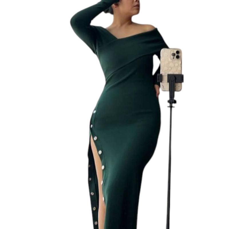 VESTIDO ASIMETRICO MANGA LARGA CON BROCHES RIB GRUESO COL-26 COLOR VERDE OSCURO - 1
