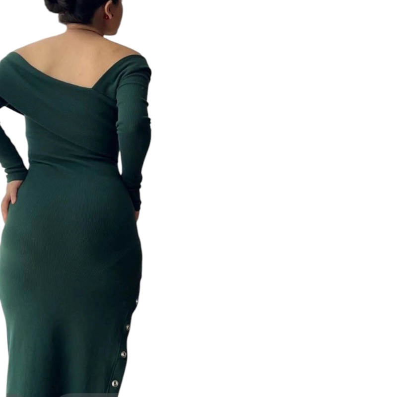 VESTIDO ASIMETRICO MANGA LARGA CON BROCHES RIB GRUESO COL-26 COLOR VERDE OSCURO - 3