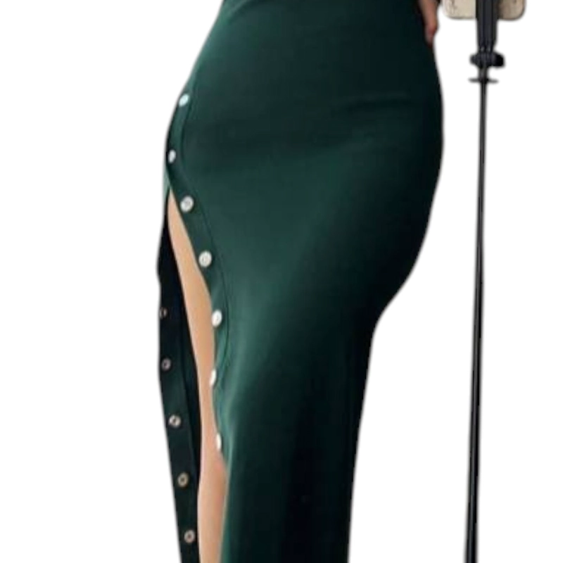 VESTIDO ASIMETRICO MANGA LARGA CON BROCHES RIB GRUESO COL-26 COLOR VERDE OSCURO - 4