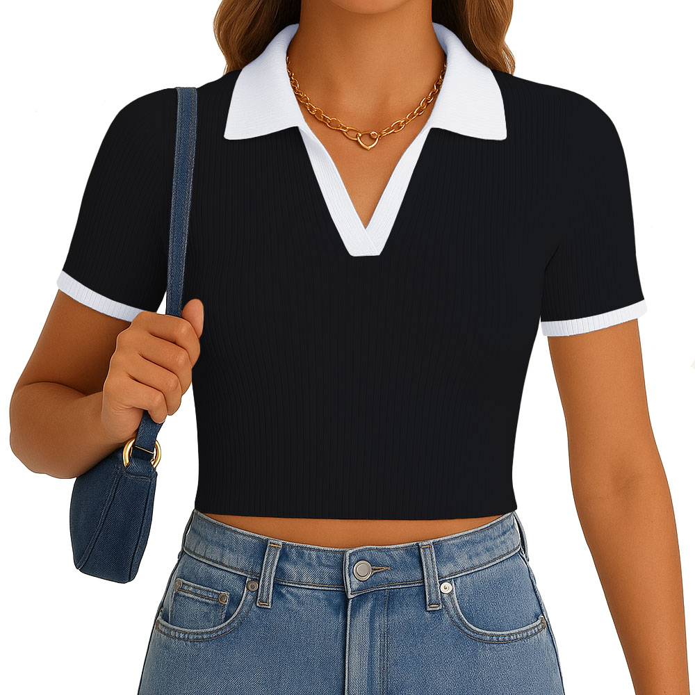 POLO MUJER CAMISERO BICOLOR MANGA CORTA RIB GRUESO NEW 710-13 COLOR NEGRO - 1