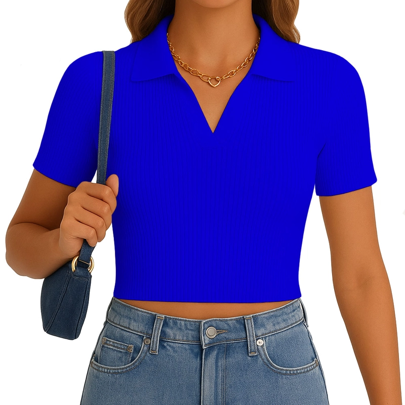 POLO MUJER CAMISERO MANGA CORTA NEW 710-13 RIB GRUESO COLOR AZULINO - 1