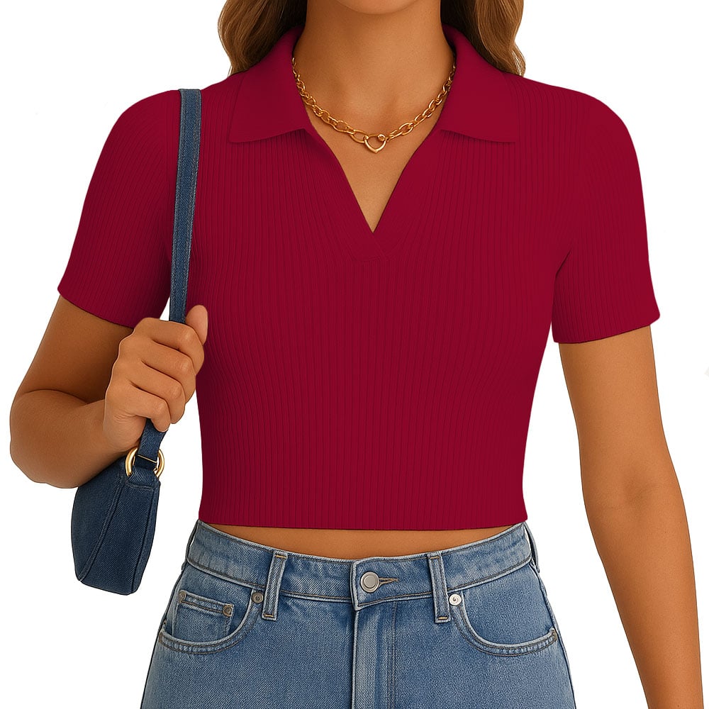 POLO MUJER CAMISERO MANGA CORTA NEW 710-13 RIB GRUESO COLOR VINO - 1