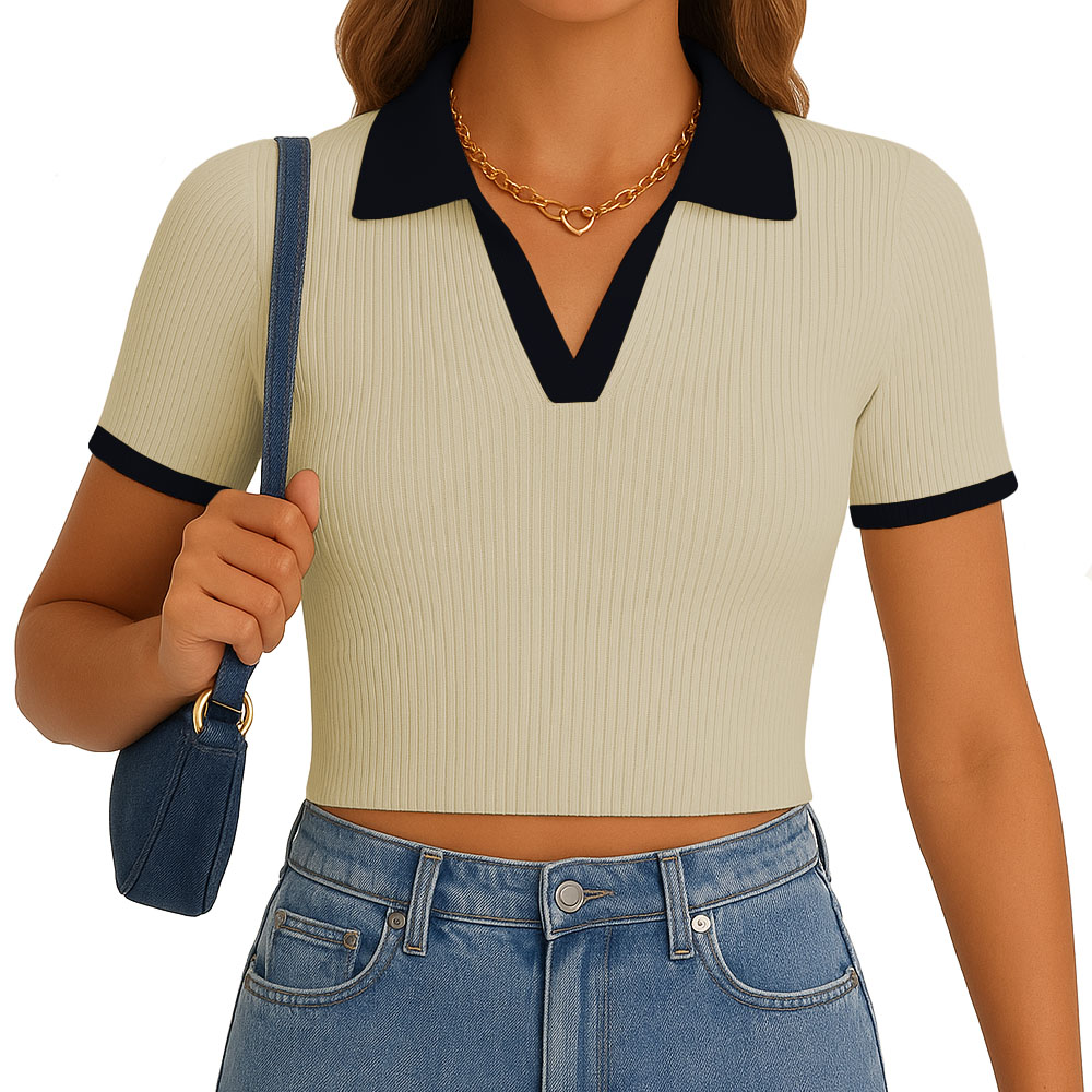 POLO MUJER CAMISERO BICOLOR MANGA CORTA RIB GRUESO NEW 710-13 COLOR BEIGE - 1