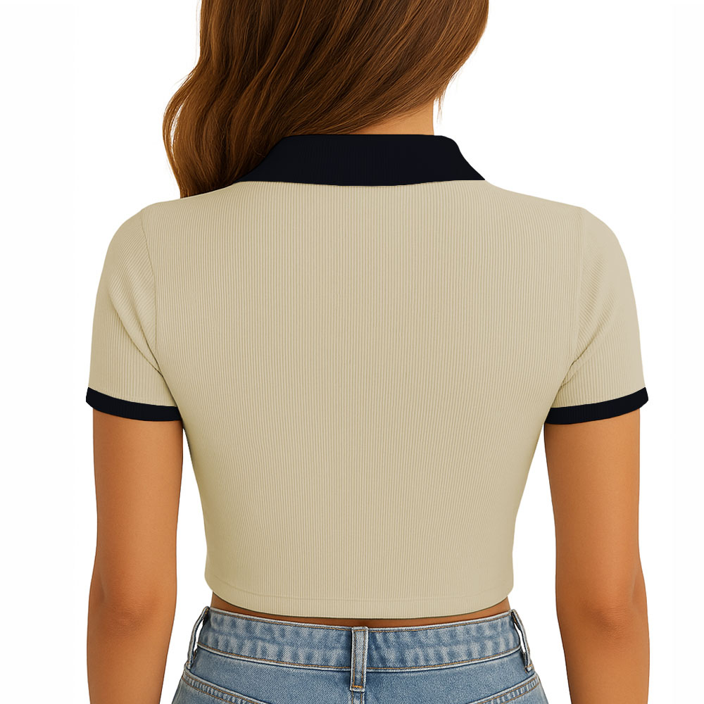 POLO MUJER CAMISERO BICOLOR MANGA CORTA RIB GRUESO NEW 710-13 COLOR BEIGE - 3