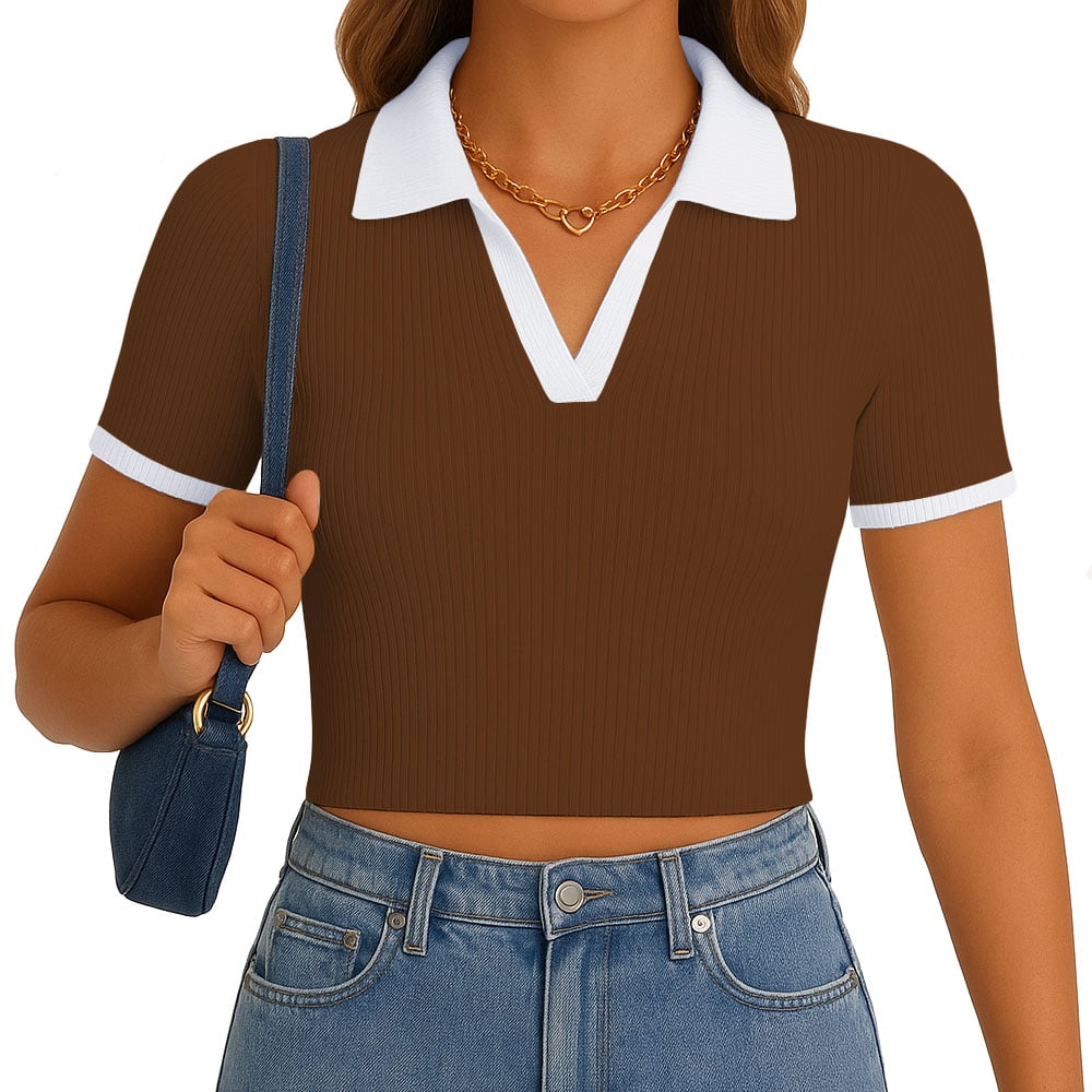 POLO MUJER CAMISERO BICOLOR MANGA CORTA RIB GRUESO NEW 710-13 COLOR MARRON - 1