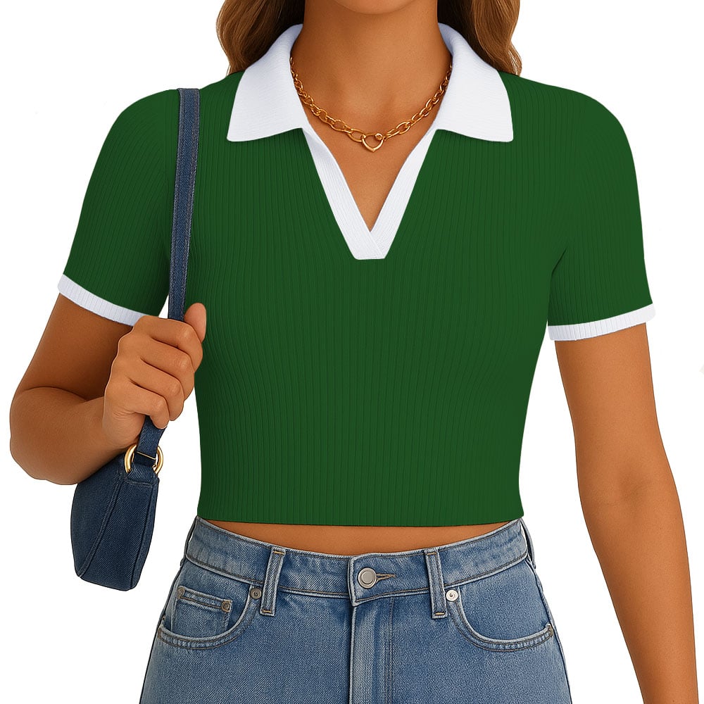 POLO MUJER CAMISERO BICOLOR MANGA CORTA RIB GRUESO NEW 710-13 COLOR VERDE - 1