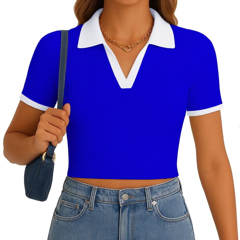 POLO MUJER CAMISERO BICOLOR MANGA CORTA RIB GRUESO NEW 710-13 COLOR AZUL - 1