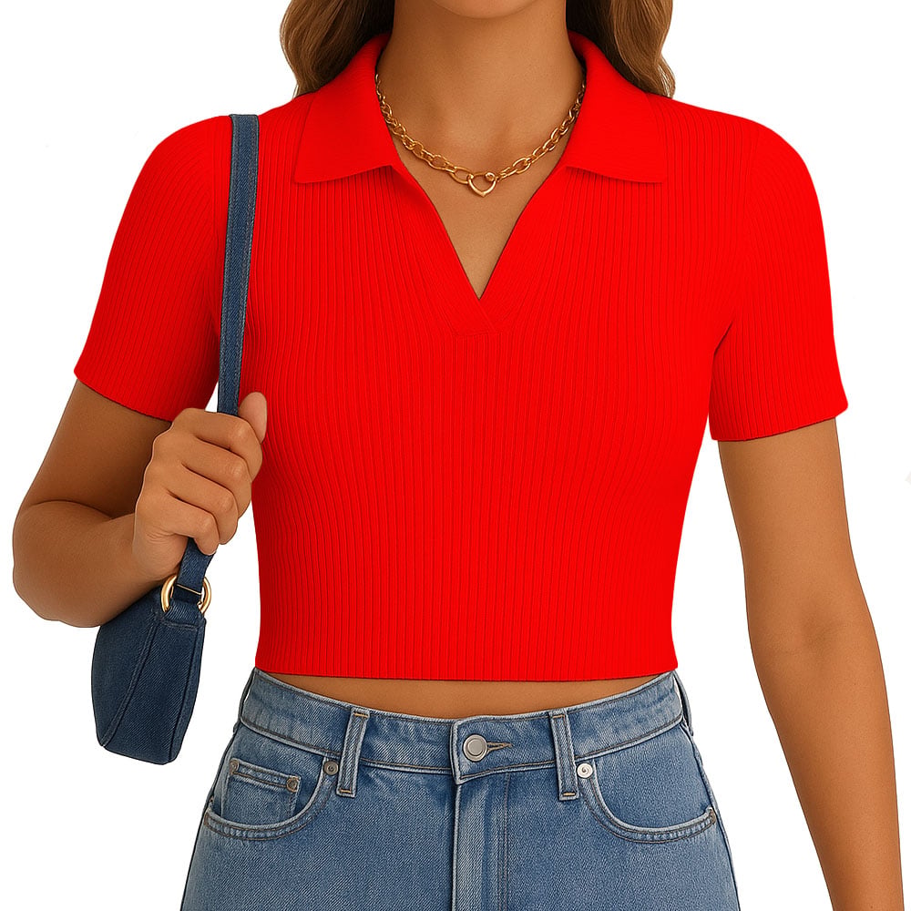 POLO MUJER CAMISERO MANGA CORTA NEW 710-13 RIB GRUESO COLOR ROJO - 1