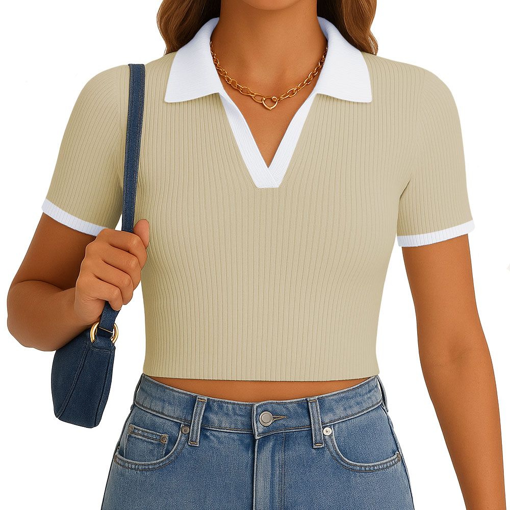 POLO MUJER CAMISERO BICOLOR MANGA CORTA RIB GRUESO NEW 710-13 COLOR HUESO - 1
