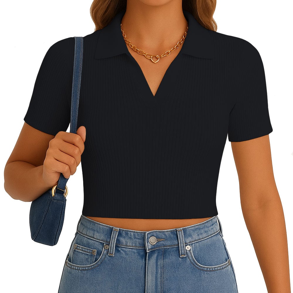 POLO MUJER CAMISERO MANGA CORTA NEW 710-13 RIB GRUESO COLOR NEGRO - 1