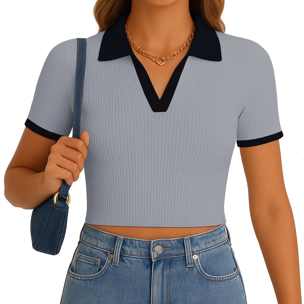 POLO MUJER CAMISERO BICOLOR MANGA CORTA RIB GRUESO NEW 710-13 COLOR GRIS - 1