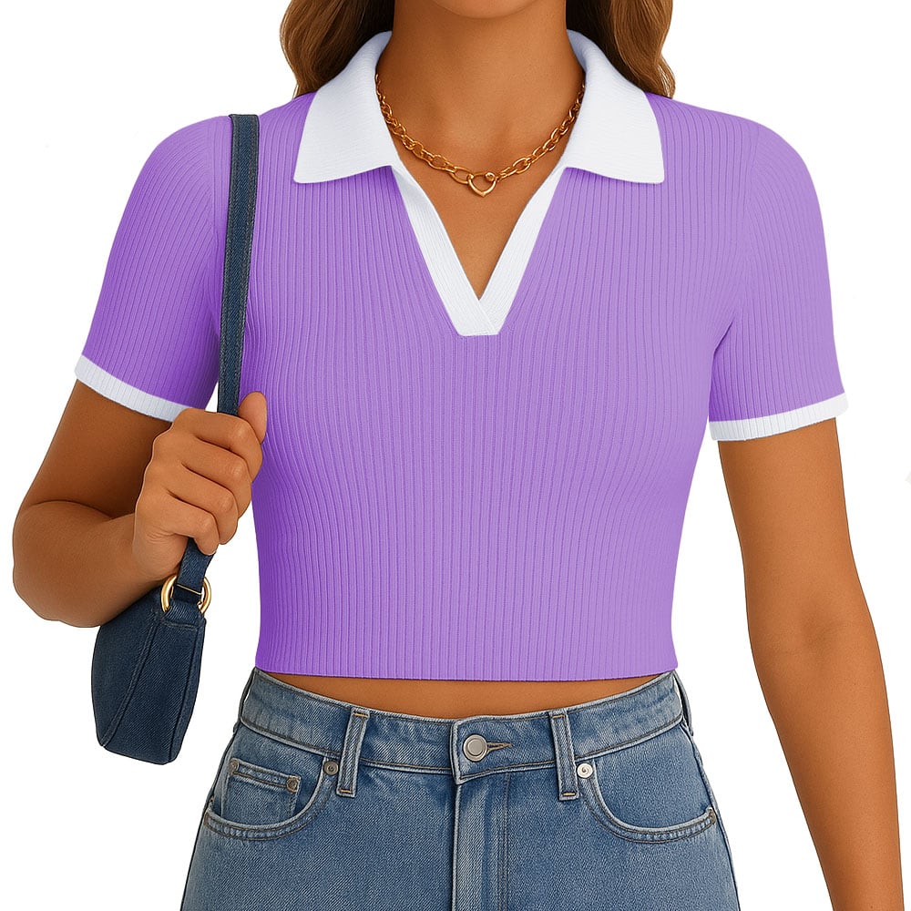 POLO MUJER CAMISERO BICOLOR MANGA CORTA RIB GRUESO NEW 710-13 COLOR LILA - 1
