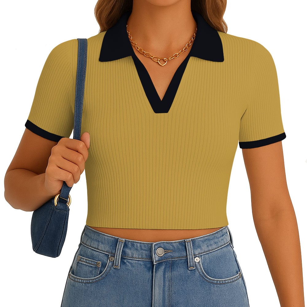 POLO MUJER CAMISERO BICOLOR MANGA CORTA RIB GRUESO NEW 710-13 COLOR MOSTAZA - 1