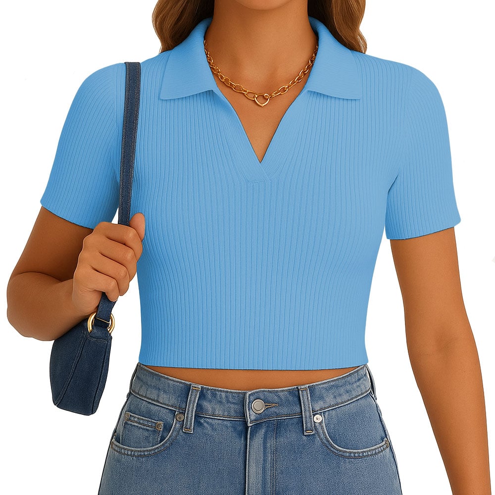 POLO MUJER CAMISERO MANGA CORTA NEW 710-13 RIB GRUESO COLOR CELESTE - 1