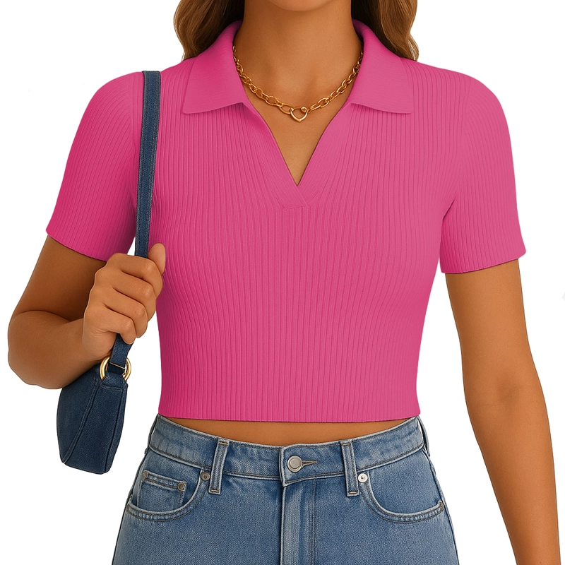 POLO MUJER CAMISERO MANGA CORTA NEW 710-13 RIB GRUESO COLOR ROSADO - 3