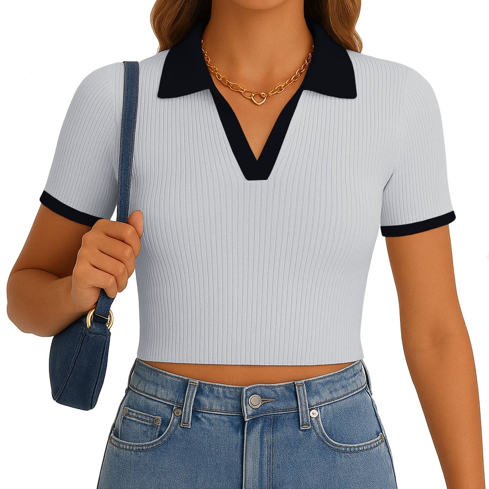 POLO MUJER CAMISERO BICOLOR MANGA CORTA RIB GRUESO NEW 710-13 COLOR MELANGE - 1