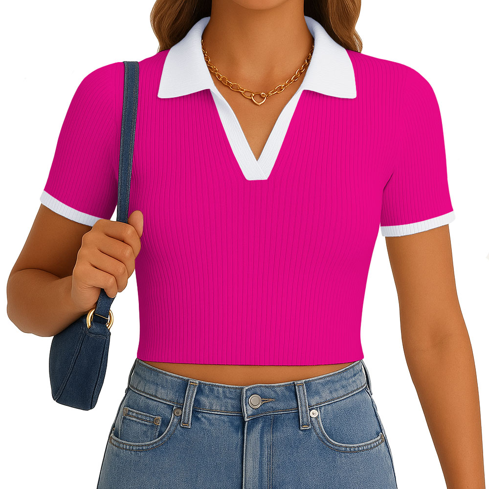 POLO MUJER CAMISERO BICOLOR MANGA CORTA RIB GRUESO NEW 710-13 COLOR FUCSIA - 1