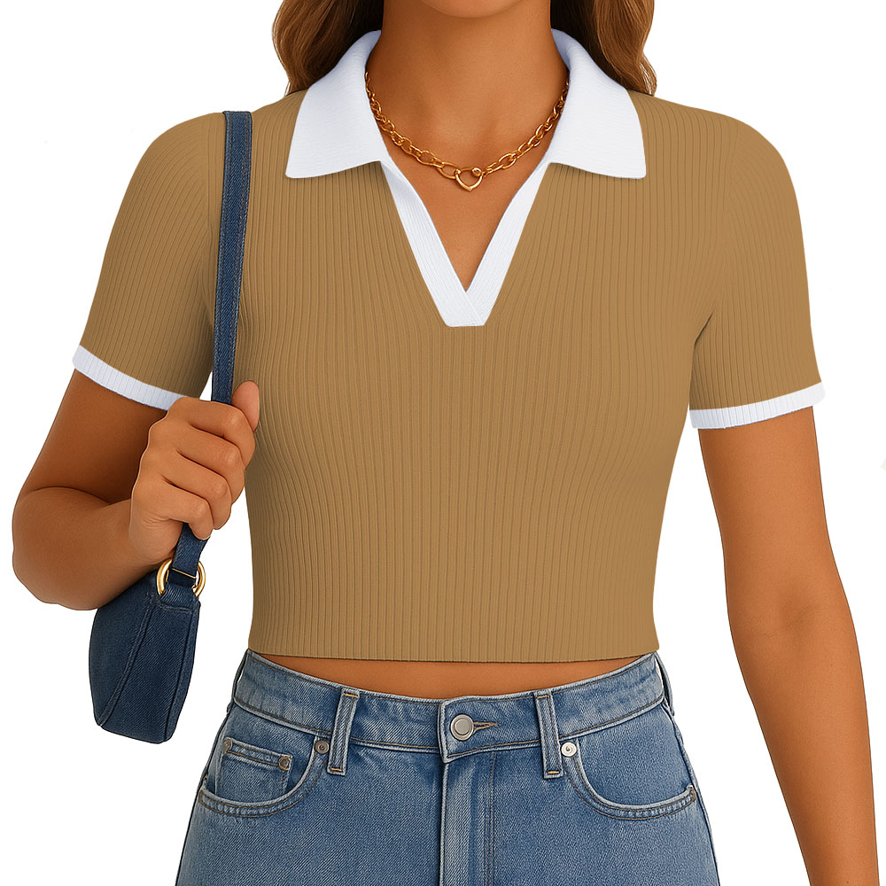 POLO MUJER CAMISERO BICOLOR MANGA CORTA RIB GRUESO NEW 710-13 COLOR CARAMELO - 1