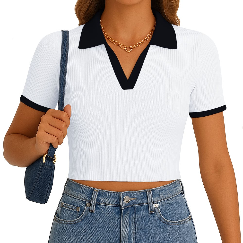 POLO MUJER CAMISERO BICOLOR MANGA CORTA RIB GRUESO NEW 710-13 COLOR BLANCO - 1