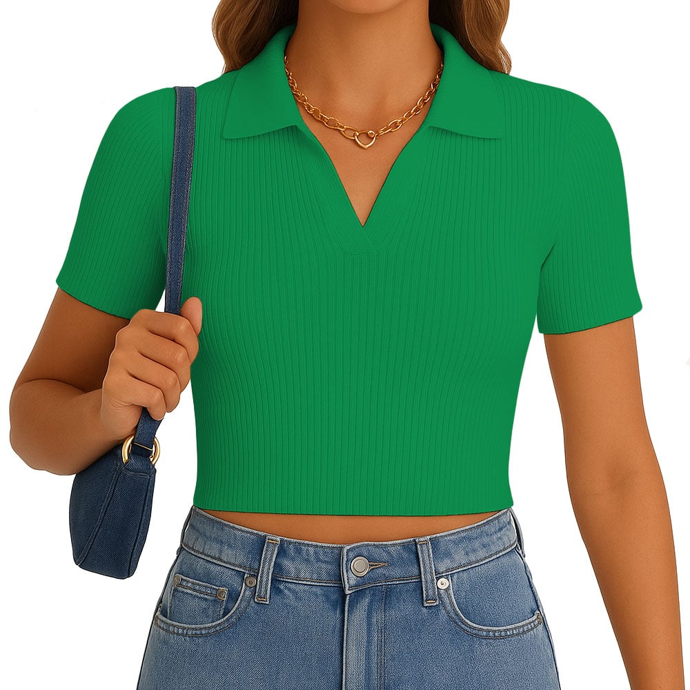 POLO MUJER CAMISERO MANGA CORTA NEW 710-13 RIB GRUESO COLOR VERDE PERICO - 1