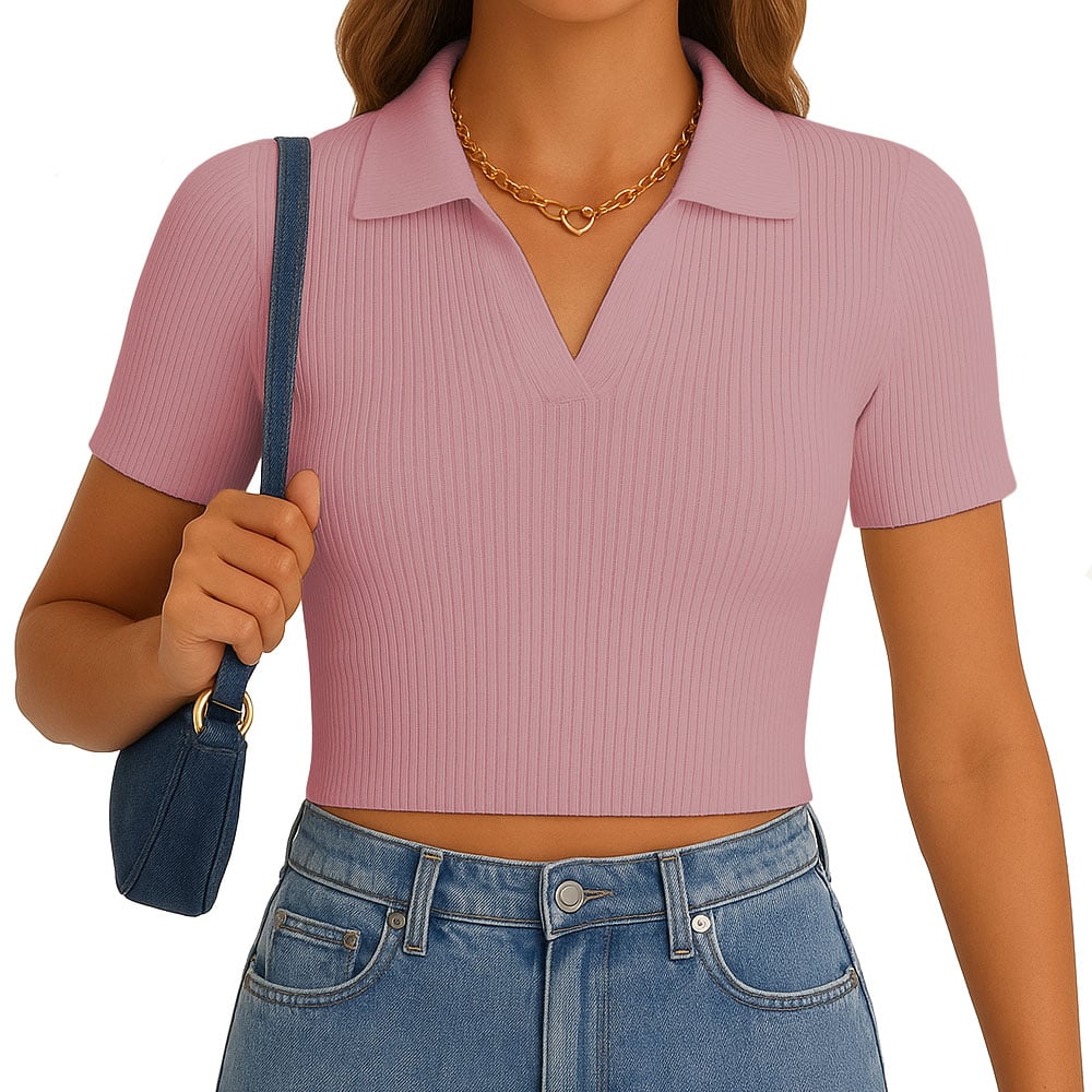 POLO MUJER CAMISERO MANGA CORTA NEW 710-13 RIB GRUESO COLOR ROSA - 1