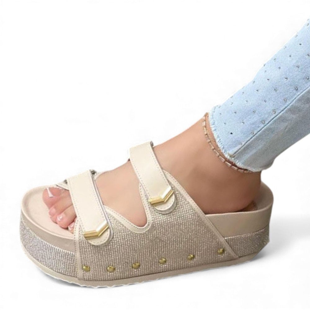 SANDALIA MUJER 1299P-55 PLANTA DE GOMA TACO #5 ESCARCHADO BIOCUERO COLOR BRILLO HUESO - 1