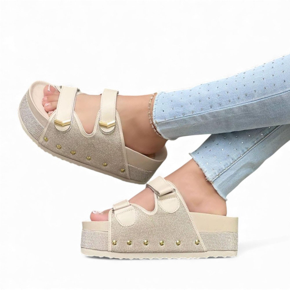 SANDALIA MUJER 1299P-55 PLANTA DE GOMA TACO #5 ESCARCHADO BIOCUERO COLOR BRILLO HUESO - 2