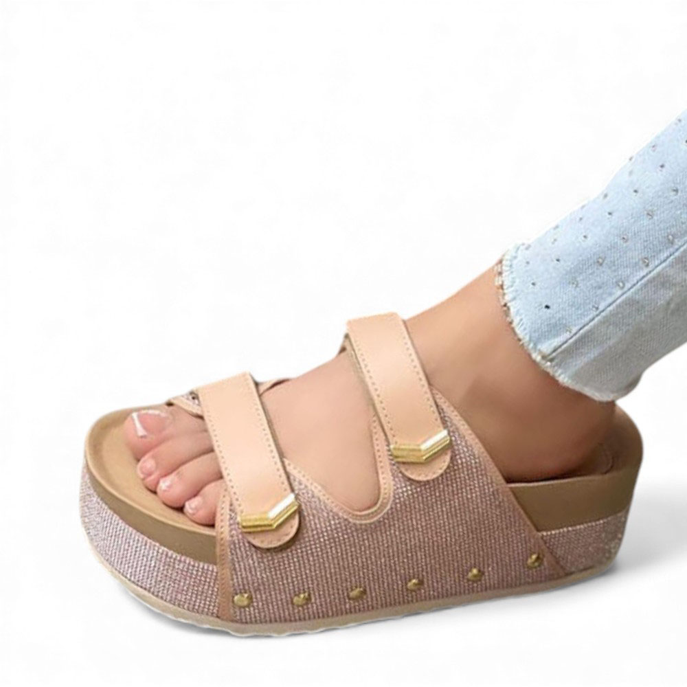SANDALIA MUJER 1299P-55 PLANTA DE GOMA TACO #5 ESCARCHADO GAMUZA BRILLO COLOR NUDE - 1