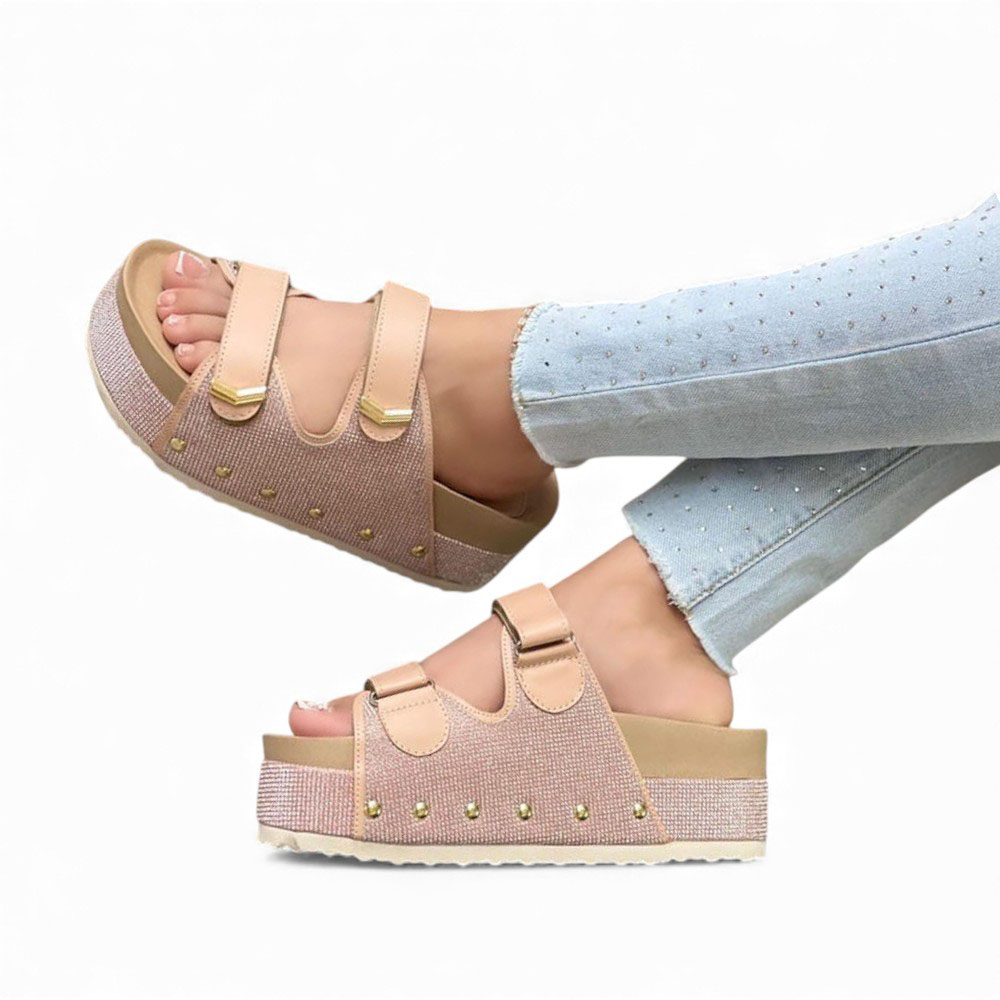 SANDALIA MUJER 1299P-55 PLANTA DE GOMA TACO #5 ESCARCHADO GAMUZA BRILLO COLOR NUDE - 2