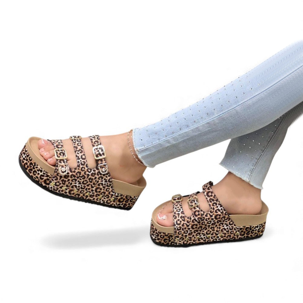 SANDALIA MUJER 1299P-55 PLANTA DE GOMA TACO #5 ESCARCHADO GAMUZA COLOR ANIMAL PRINT - 2