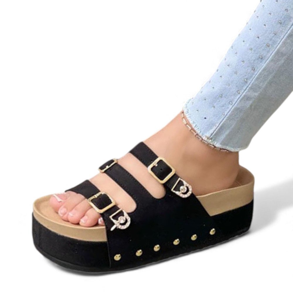 SANDALIA MUJER 1299P-55 PLANTA DE GOMA TACO #5 ESCARCHADO BLACK GAMUZA COLOR NEGRO - 1