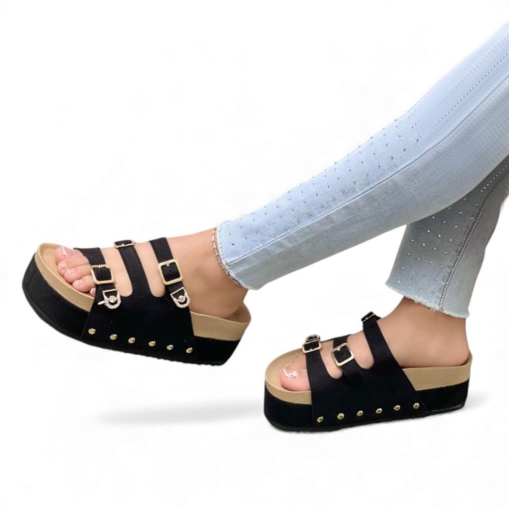 SANDALIA MUJER 1299P-55 PLANTA DE GOMA TACO #5 ESCARCHADO BLACK GAMUZA COLOR NEGRO - 2