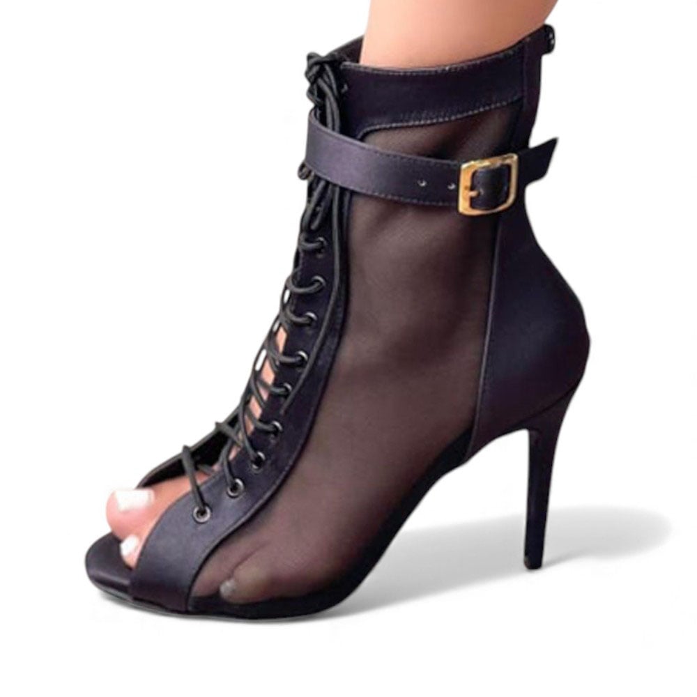 BOTIN MUJER 1299P-85 PLANTA DE GOMA TACO #9 SATINADO CON MAYA Y PIEDRAS HEELS SATINADO COLOR NEGRO - 3