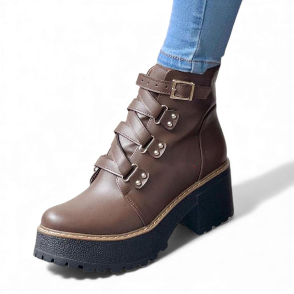 BOTIN MUJER 1299P-63 PLANTA DE GOMA TACO #5 CON PLATAFORMA BIOCUERO COLOR MARRON - 1