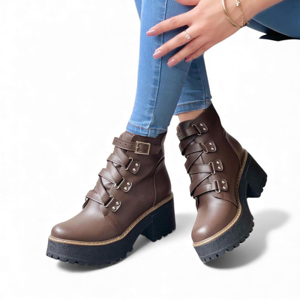 BOTIN MUJER 1299P-63 PLANTA DE GOMA TACO #5 CON PLATAFORMA BIOCUERO COLOR MARRON - 2