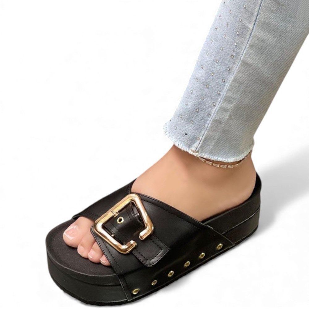 SANDALIA MUJER 1299P-55 PLANTA DE GOMA TACO #5 ESCARCHADO BLACK BIOCUERO COLOR NEGRO - 1
