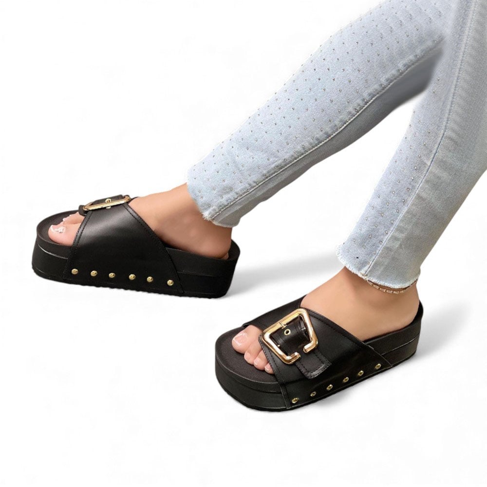 SANDALIA MUJER 1299P-55 PLANTA DE GOMA TACO #5 ESCARCHADO BLACK BIOCUERO COLOR NEGRO - 2