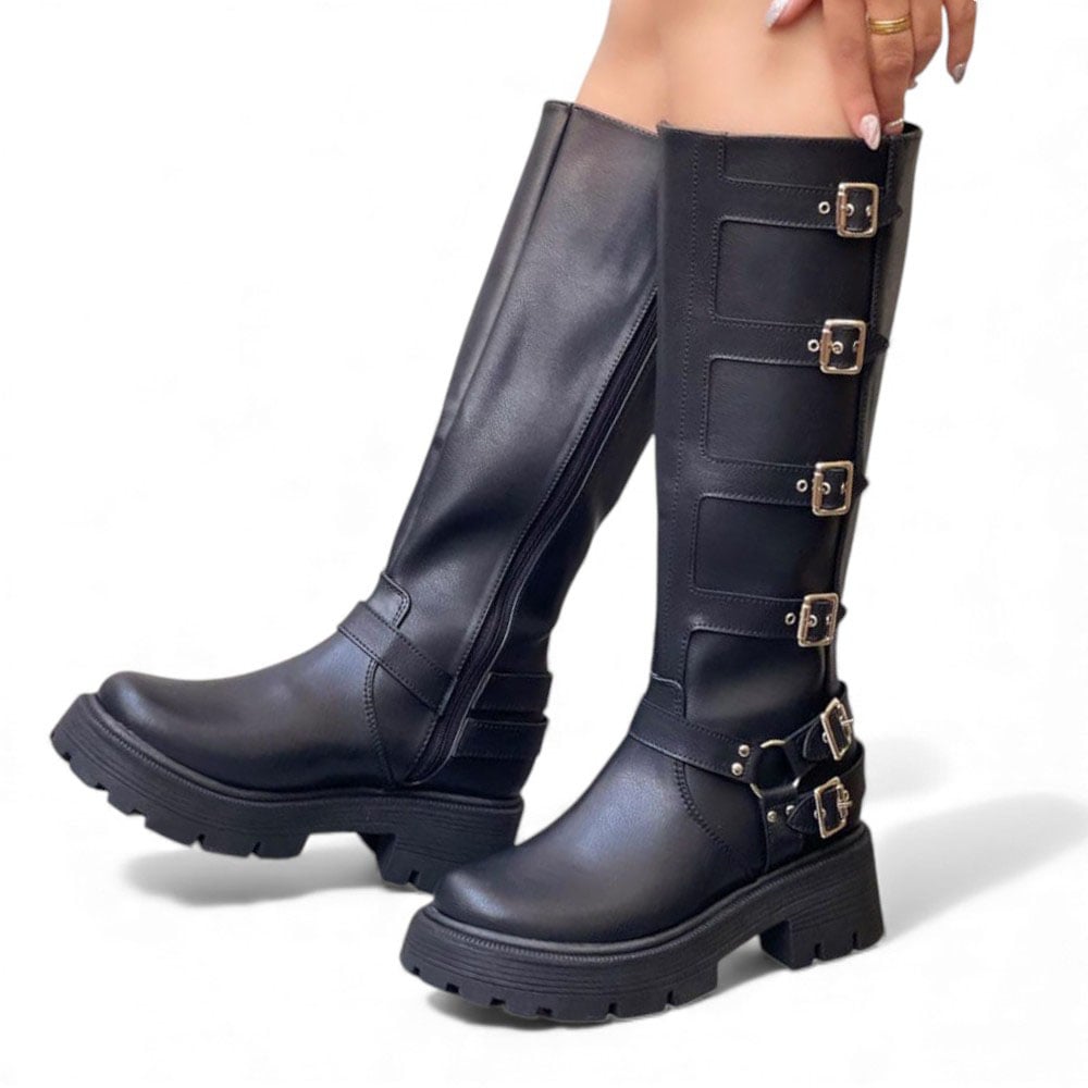 BOTA MUJER 1299P-85 PLANTA DE GOMA TACO #5 BIOCUERO CON 6 EVILLAS COLOR NEGRO - 2