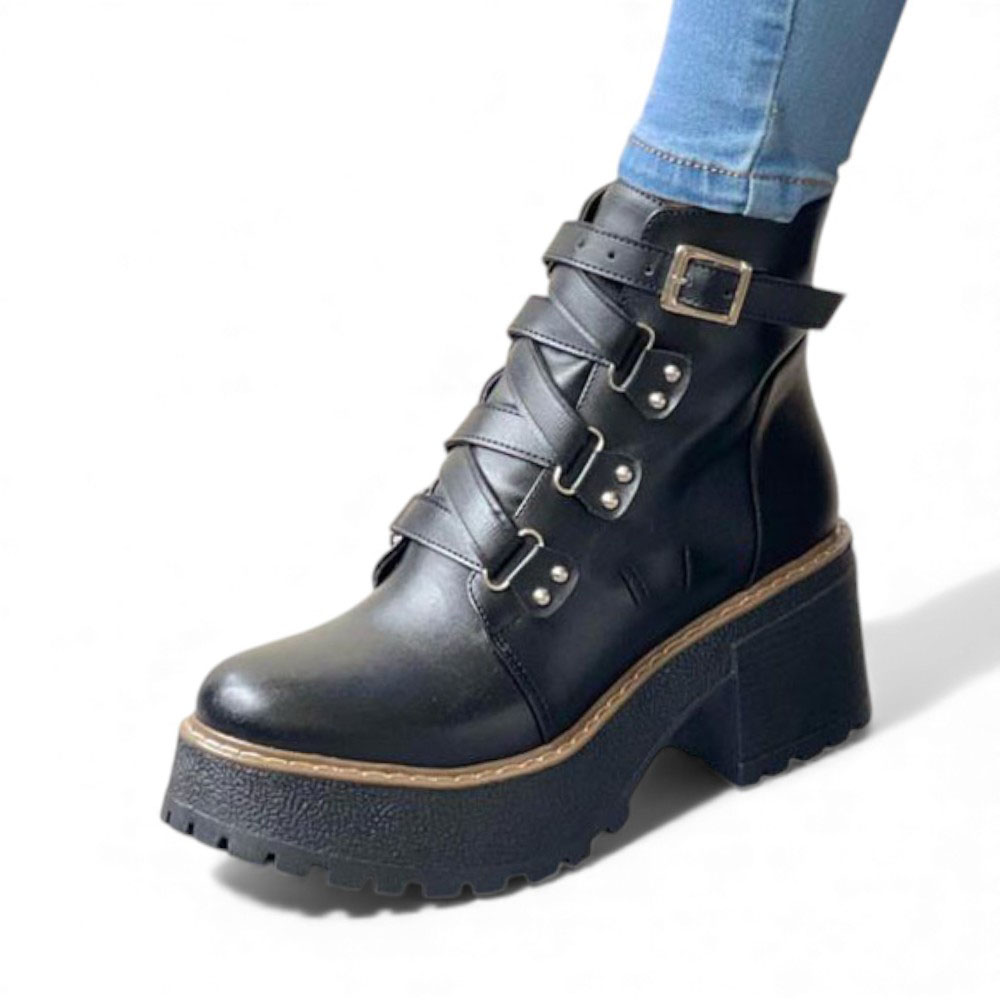 BOTIN MUJER 1299P-63 PLANTA DE GOMA TACO #5 CON PLATAFORMA BLACK BIOCUERO COLOR NEGRO - 1