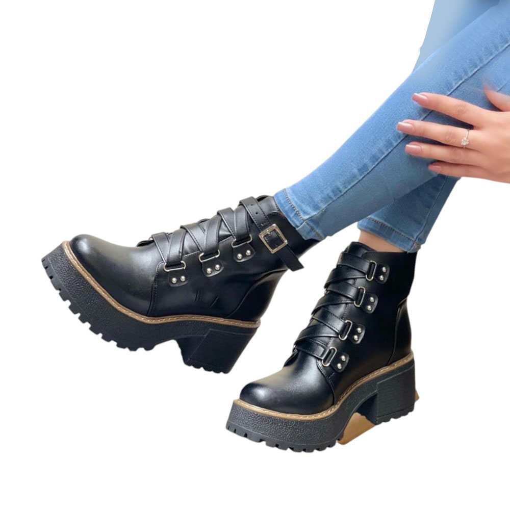 BOTIN MUJER 1299P-63 PLANTA DE GOMA TACO #5 CON PLATAFORMA BLACK BIOCUERO COLOR NEGRO - 2