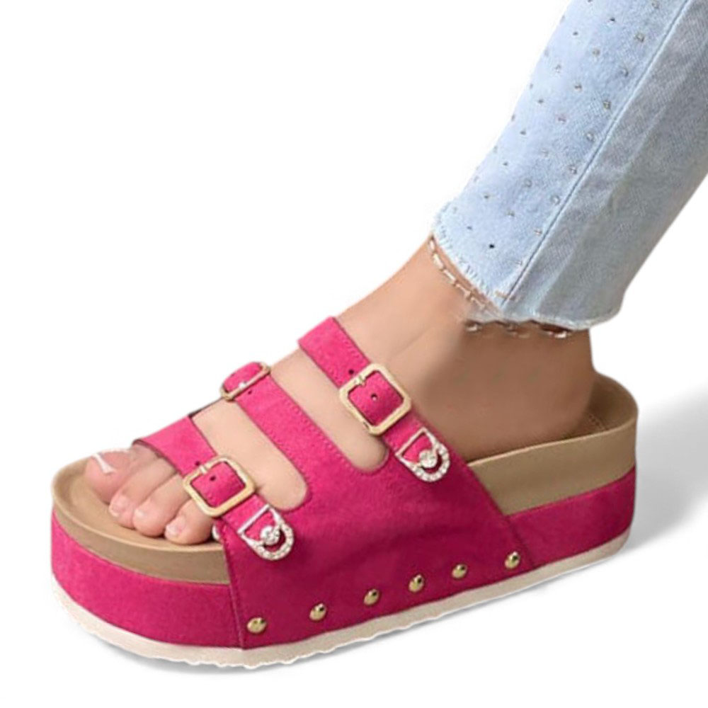 SANDALIA MUJER 1299P-55 PLANTA DE GOMA TACO #5 ESCARCHADO GAMUZA COLOR FUCSIA - 1
