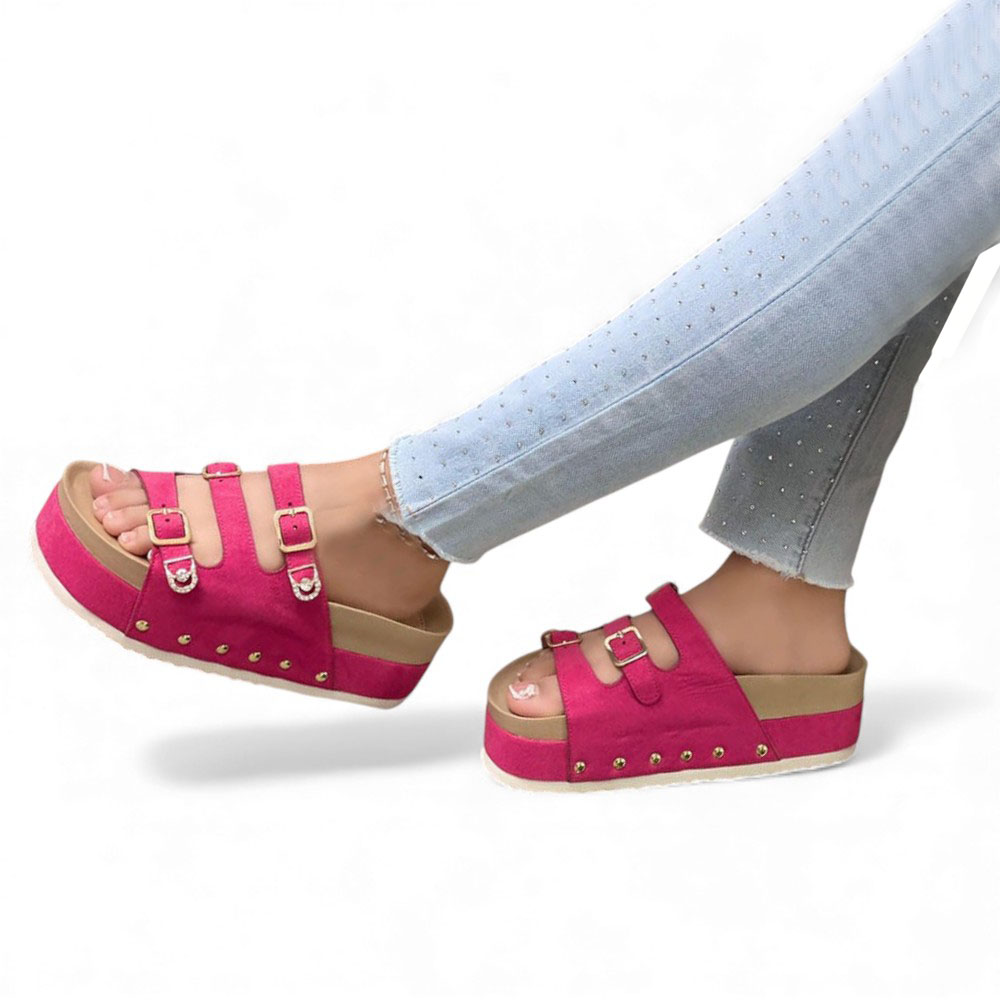 SANDALIA MUJER 1299P-55 PLANTA DE GOMA TACO #5 ESCARCHADO GAMUZA COLOR FUCSIA - 2