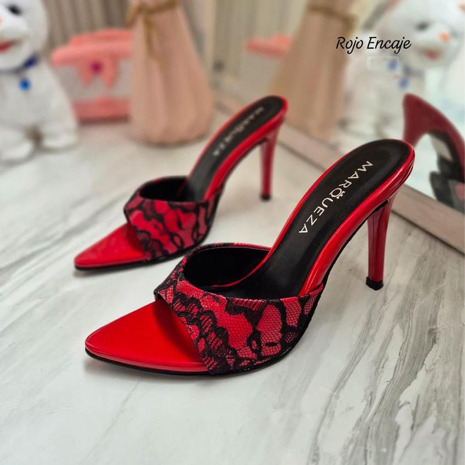 STILETTOS MUJER TACO 9 ENCAJE 1062L-69 COLOR ROJO - 3