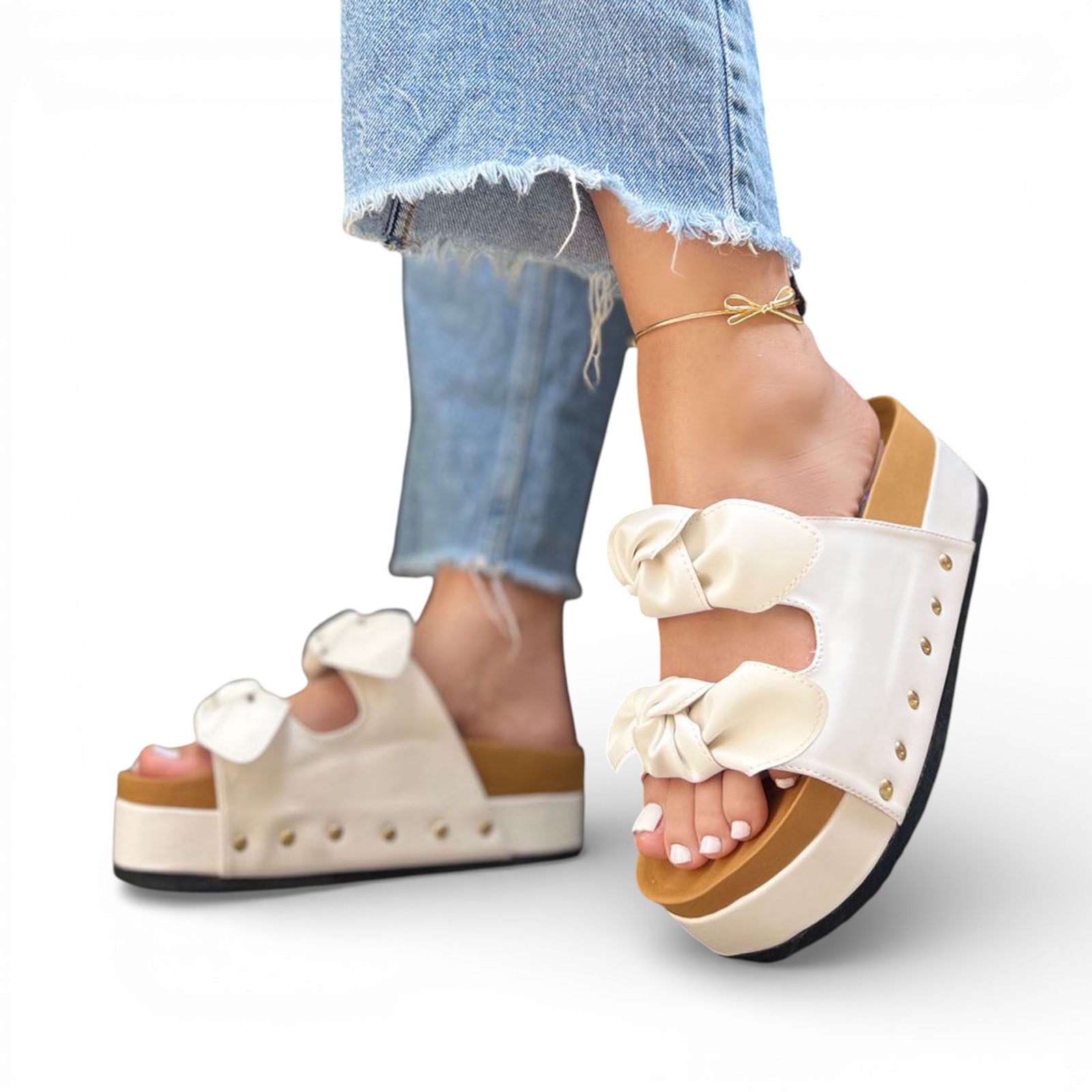 SANDALIA DOBLE MOÑO PLATAFORMA 5 1062L-55 COLOR PERLA - 2